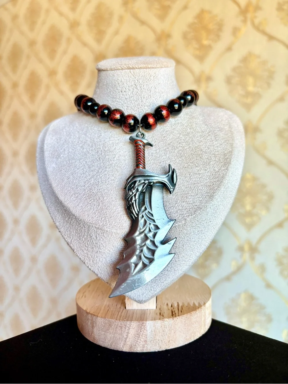 One of a kind Men's Black & Beaded Necklace with Silver Fantasy Sword Pendant